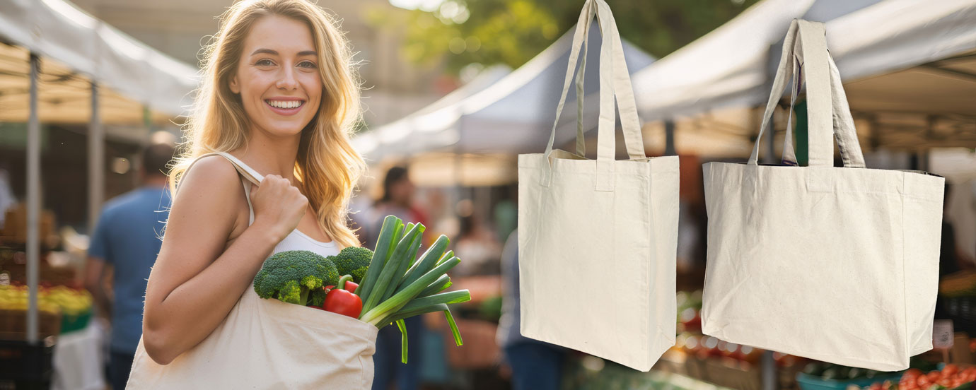 Frau bei Einkauf mit Canvastasche