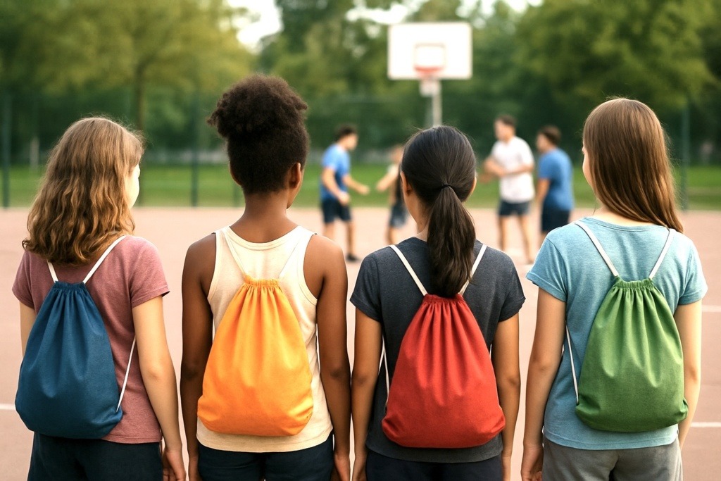 Vier Mädchen mit bunten Stoffturnbeuteln auf dem Basketballplatz- Turnbeutel bedrucken lassen, Sportbeutel mit Logo. 