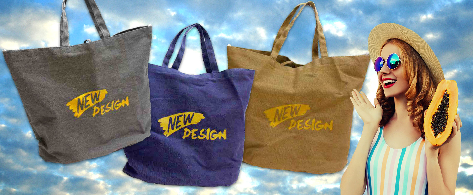 Bild zeigt Denim Strandtaschen mit Druck