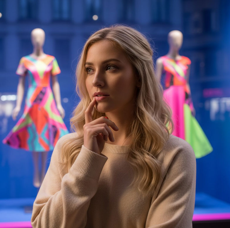 Frau überlegt welche Tasche sie kaufen soll