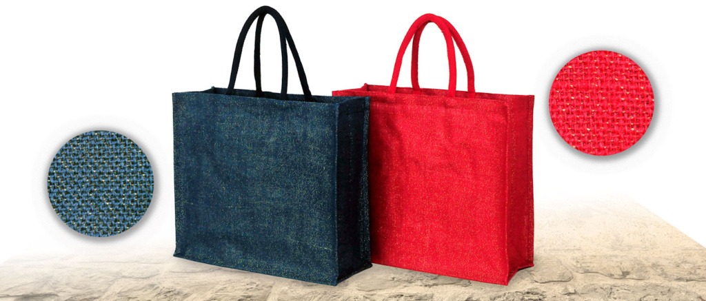 Jutetaschen in blau und rot, mit Goldfaden