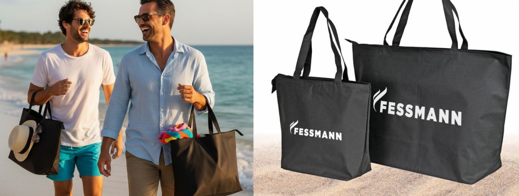 Zwei Männer Mit Strandtaschen an Meer